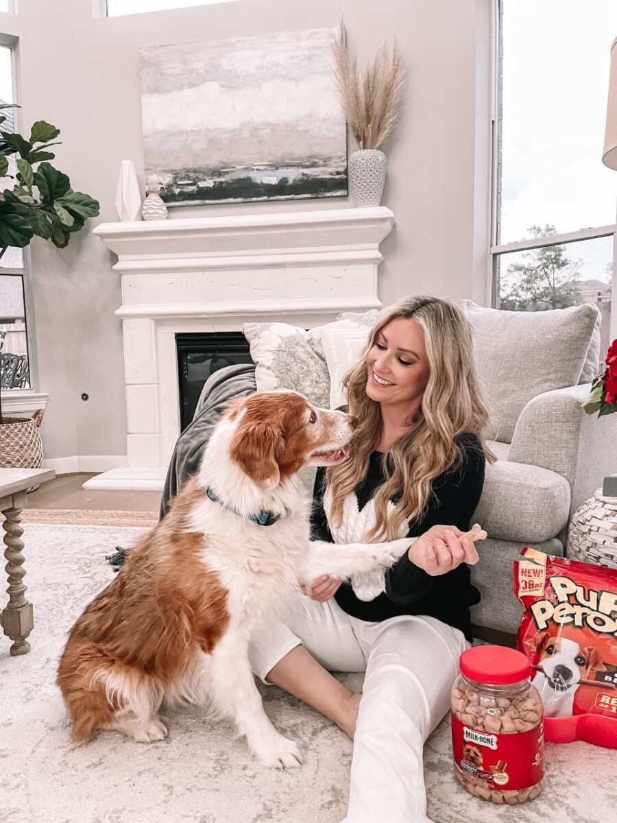 milk bone dog treats |Milk Bone Dog Treats by popular Houston lifestyle blog, Haute and Humid: image of a woman and her dog sitting next to Milk Bone Pupperoni and other Milk Bone treats. 