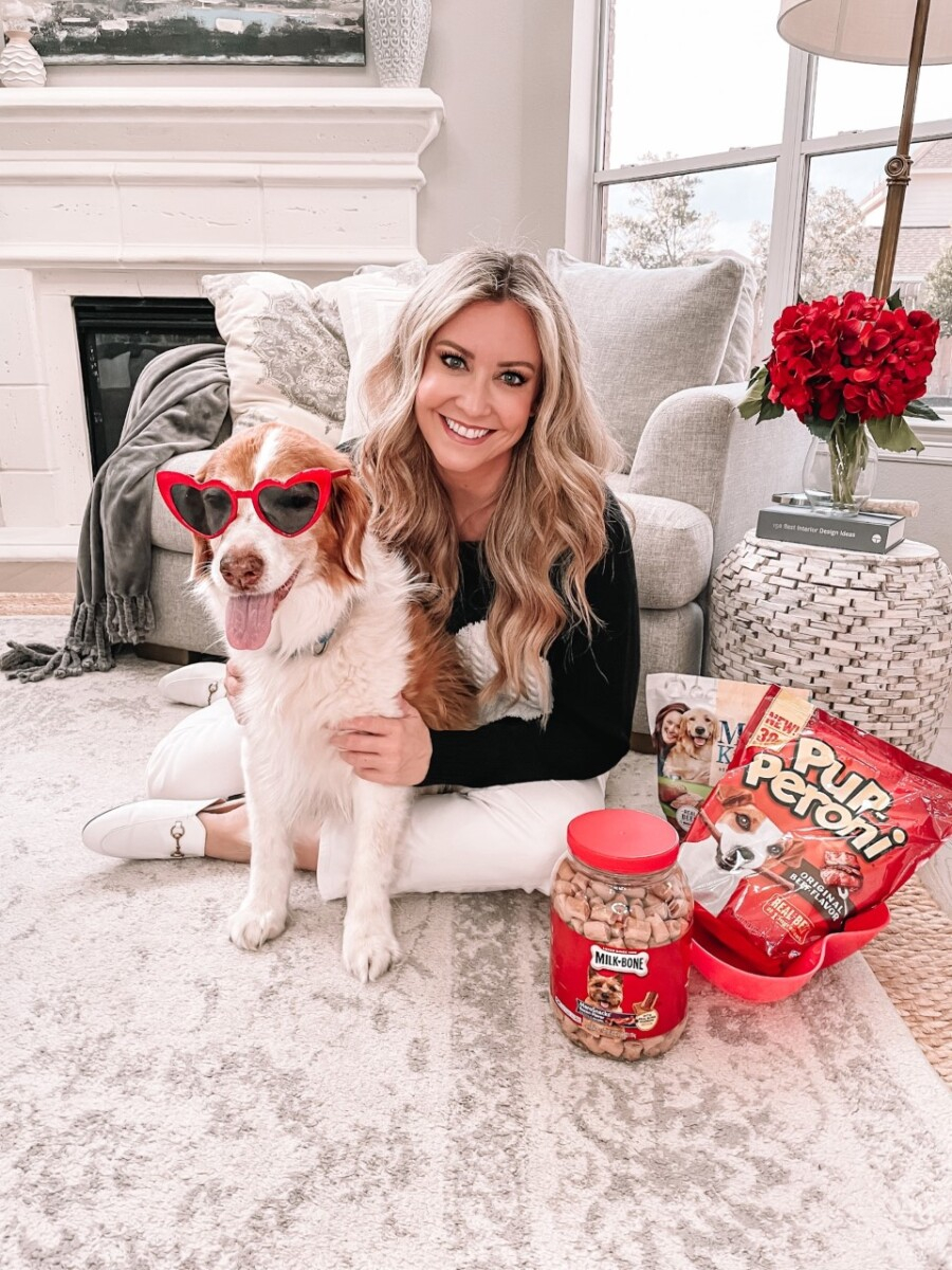 Valentine’s Day Dog | Milk Bone Dog Treats by popular Houston lifestyle blog, Haute and Humid: image of a woman sitting on her floor with her dog who's wearing red heart frame sunglasses and sitting next to Milk Bone Pupperoni and other Milk Bone treats. 