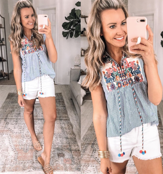amazon top | Amazon Favorites by Houston life and style blog, Haute and Humid: image of a woman wearing an embroidered Amazon top and white cut off shorts. 