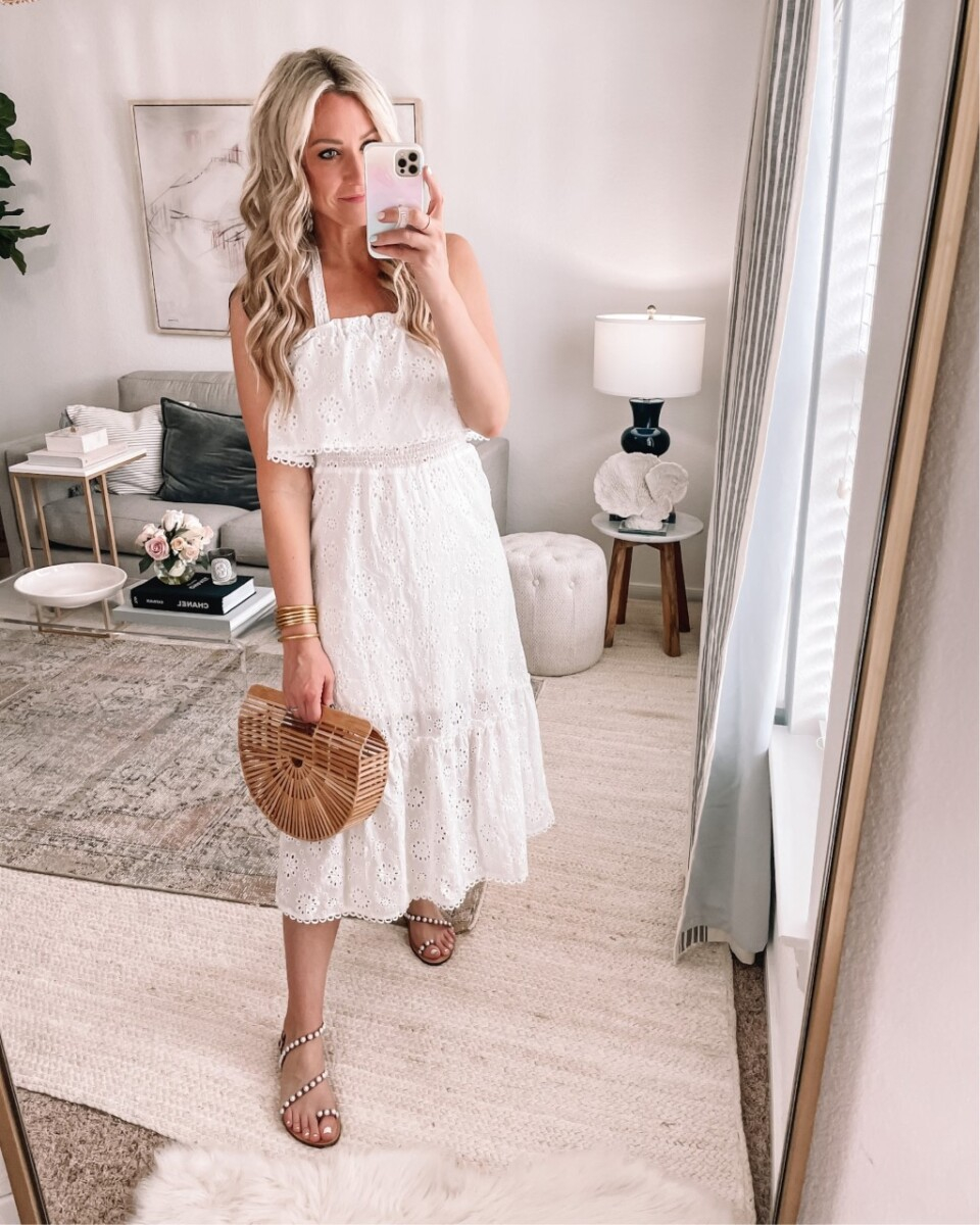 white dress |Amazon Favorites by Houston life and style blog, Haute and Humid: image of a woman wearing a Amazon white eyelet dress. 