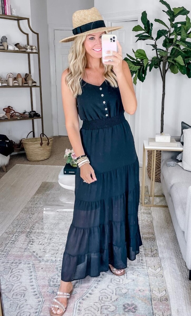 amazon maxi dress | Amazon Prime Day by popular Houston fashion blog, Haute and Humid: image of a woman wearing a straw hat, rhinestone strap slide sandals, and black tiered maxi dress. 