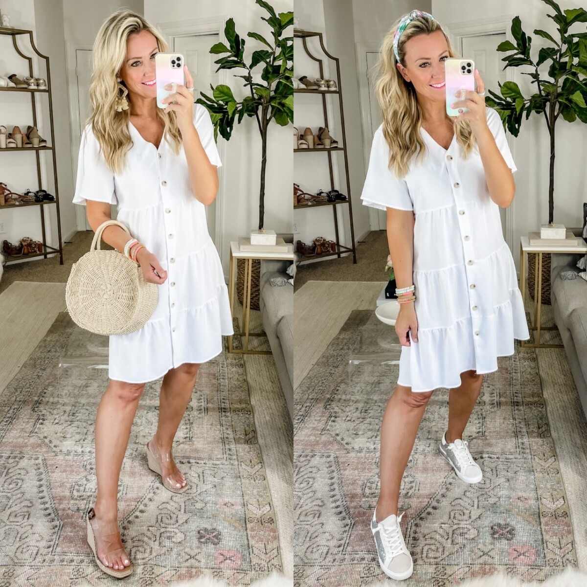 amazon summer dress | Amazon Prime Day by popular Houston fashion blog, Haute and Humid: collage image of a woman wearing a white button front mini dress, white sneakers, clear strap platform espadrilles, knot headband, raffia statement earrings, and holding a woven circular handbag. 