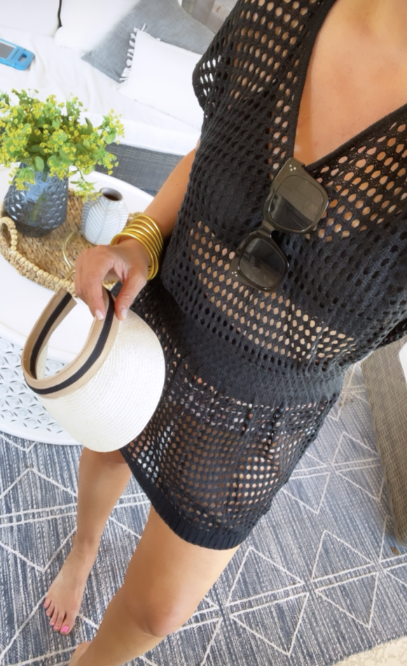 swimsuit coverup amazon | Amazon Prime Day by popular Houston fashion blog, Haute and Humid: image of a woman holding a white sun visor and wearing a black mesh coverup. 