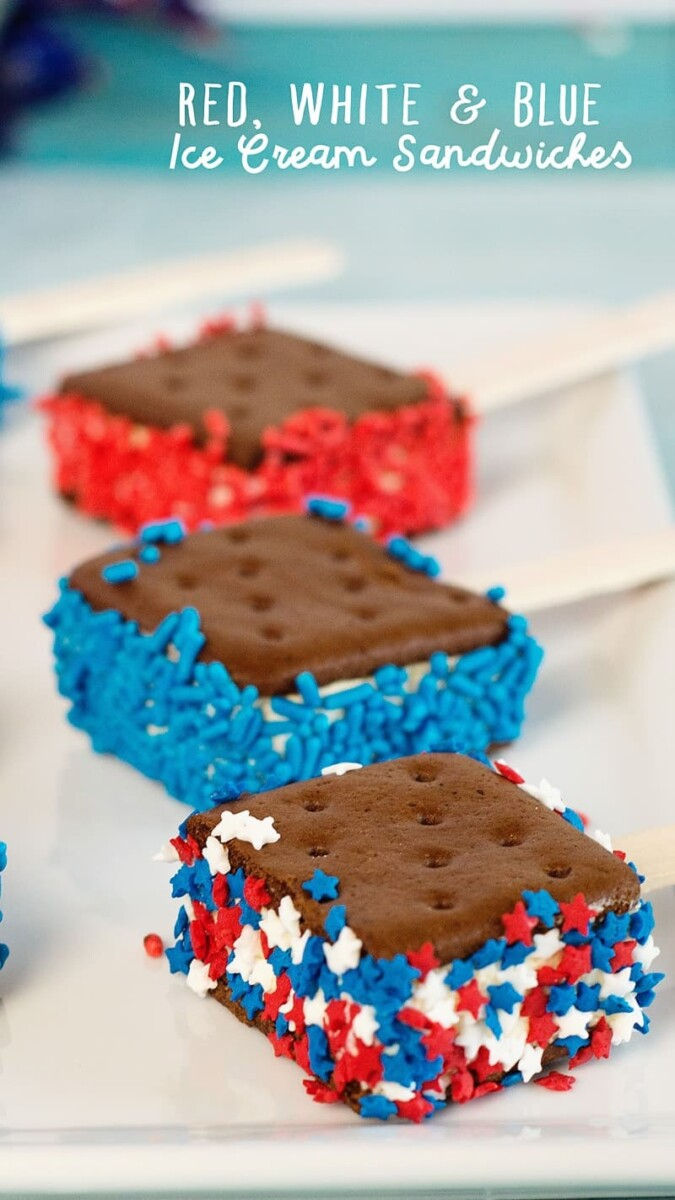red white and blue ice cream sandwiches | 4th of July Desserts by popular Houston lifestyle blog, Haute and Humid: image of red white and blue ice cream sandwiches.