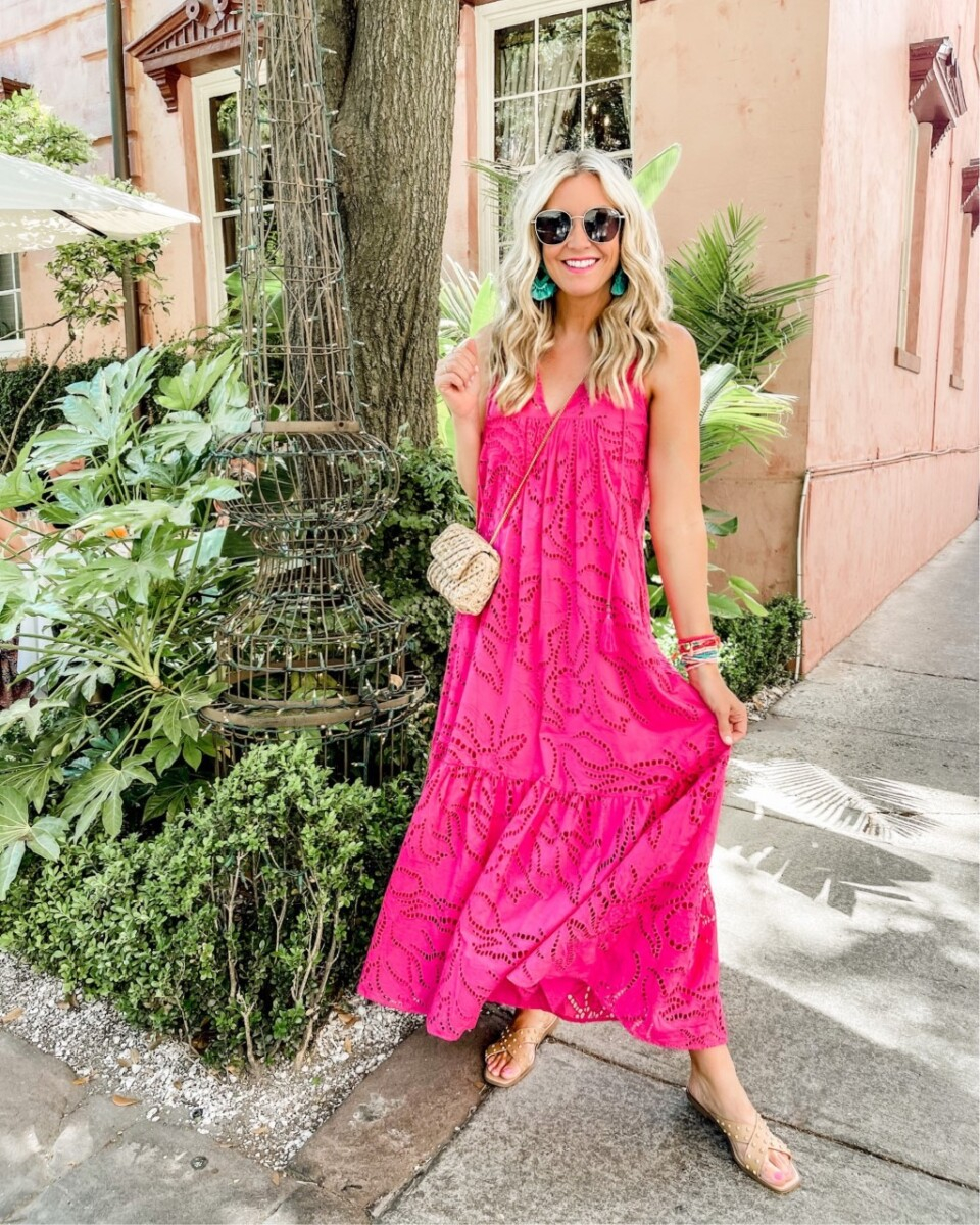 weekend in savannah | Savannah Georgia Travel Guide by popular Houston travel blog, Haute and Humid: image of a woman wearing a pink maxi dress and turquoise statement earrings. 
