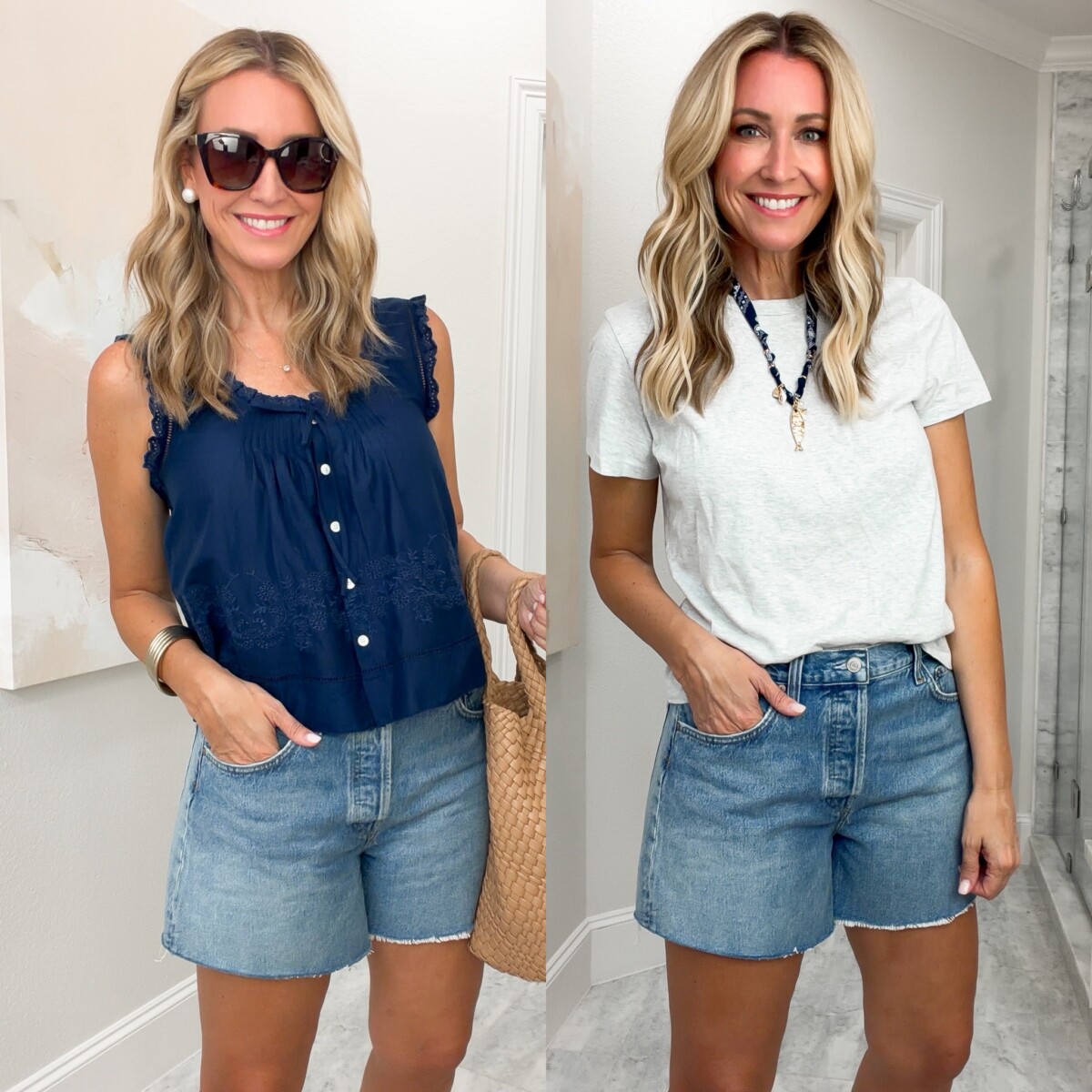 Two casual summer outfit ideas with relaxed fit denim shorts styled with a navy embroidered tank and a classic white tee for everyday warm weather style.