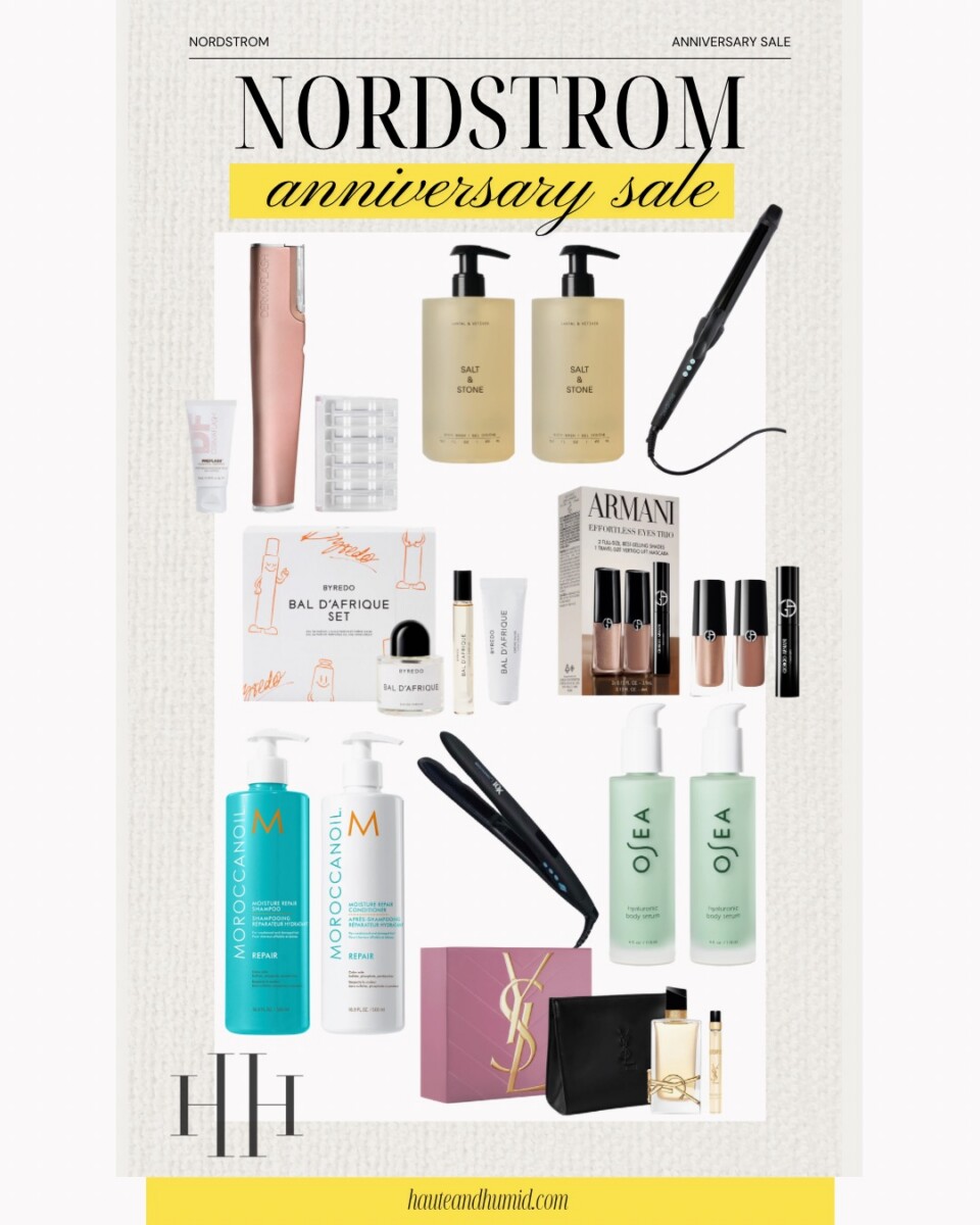 Nordstrom Anniversary Sale beauty favorites including hair tools, Moroccanoil shampoo and conditioner, Salt and Stone body wash, OSEA body serum, Byredo fragrance, and luxury makeup.