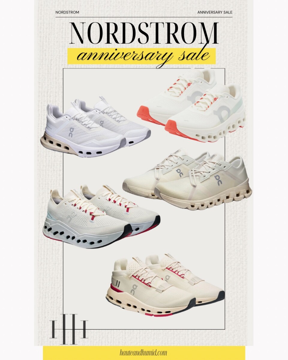 Collection of On Running sneakers in white and neutral colorways included in the Nordstrom Anniversary Sale.