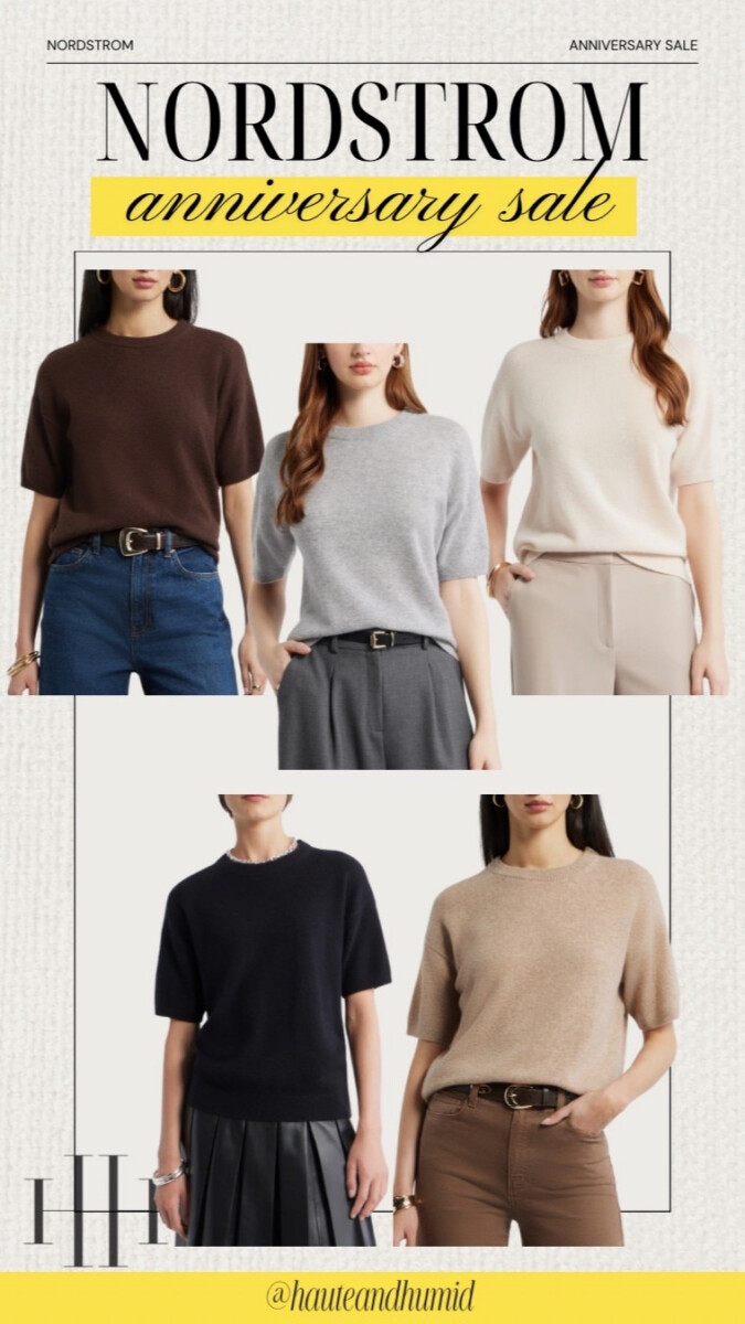 Collection of Nordstrom Anniversary Sale short sleeve knit sweaters in brown, gray, cream, black, and taupe neutral colors.