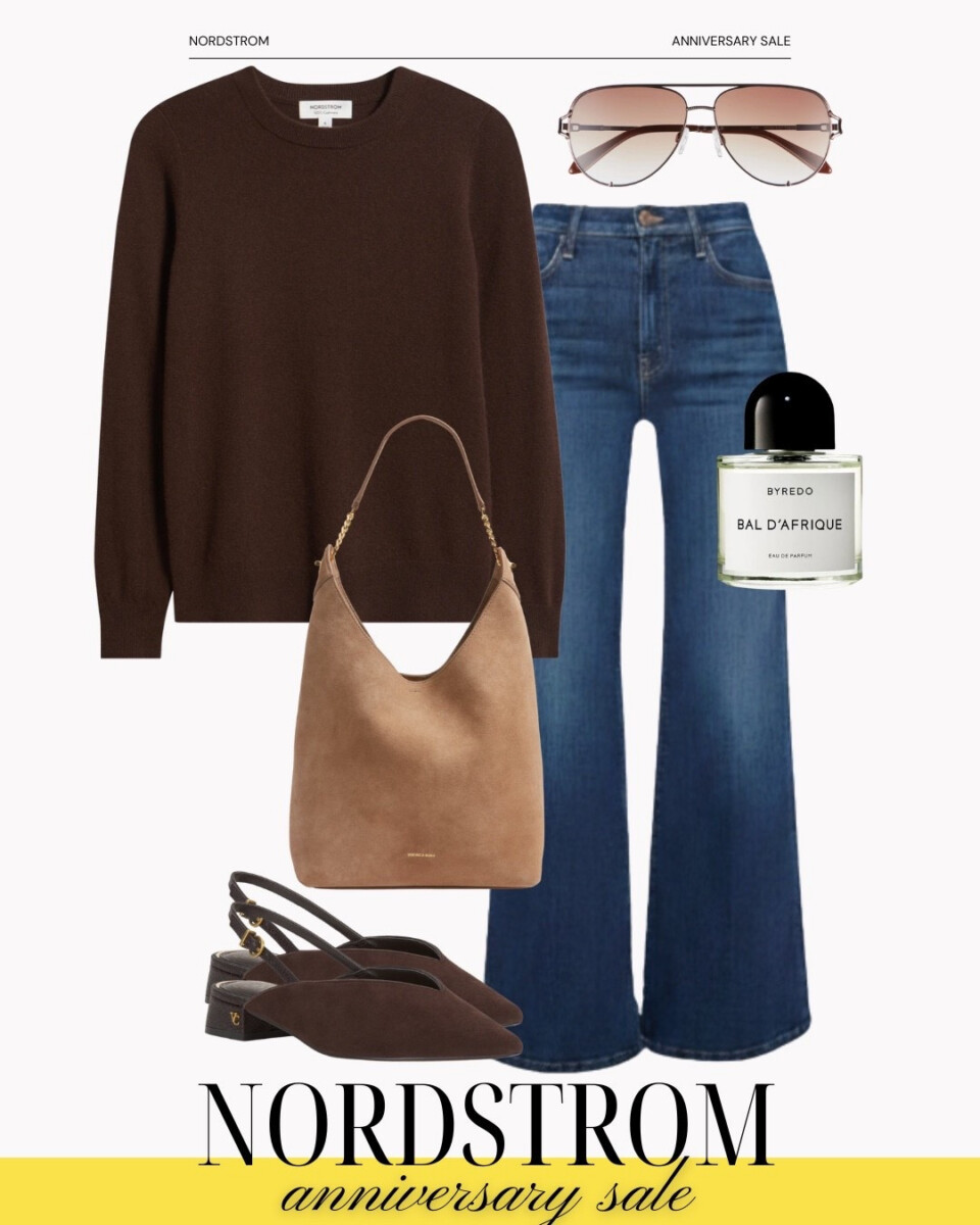 Nordstrom Anniversary Sale outfit featuring a chocolate brown sweater, wide leg jeans, suede shoulder bag, slingback heels, aviator sunglasses, and Byredo perfume.