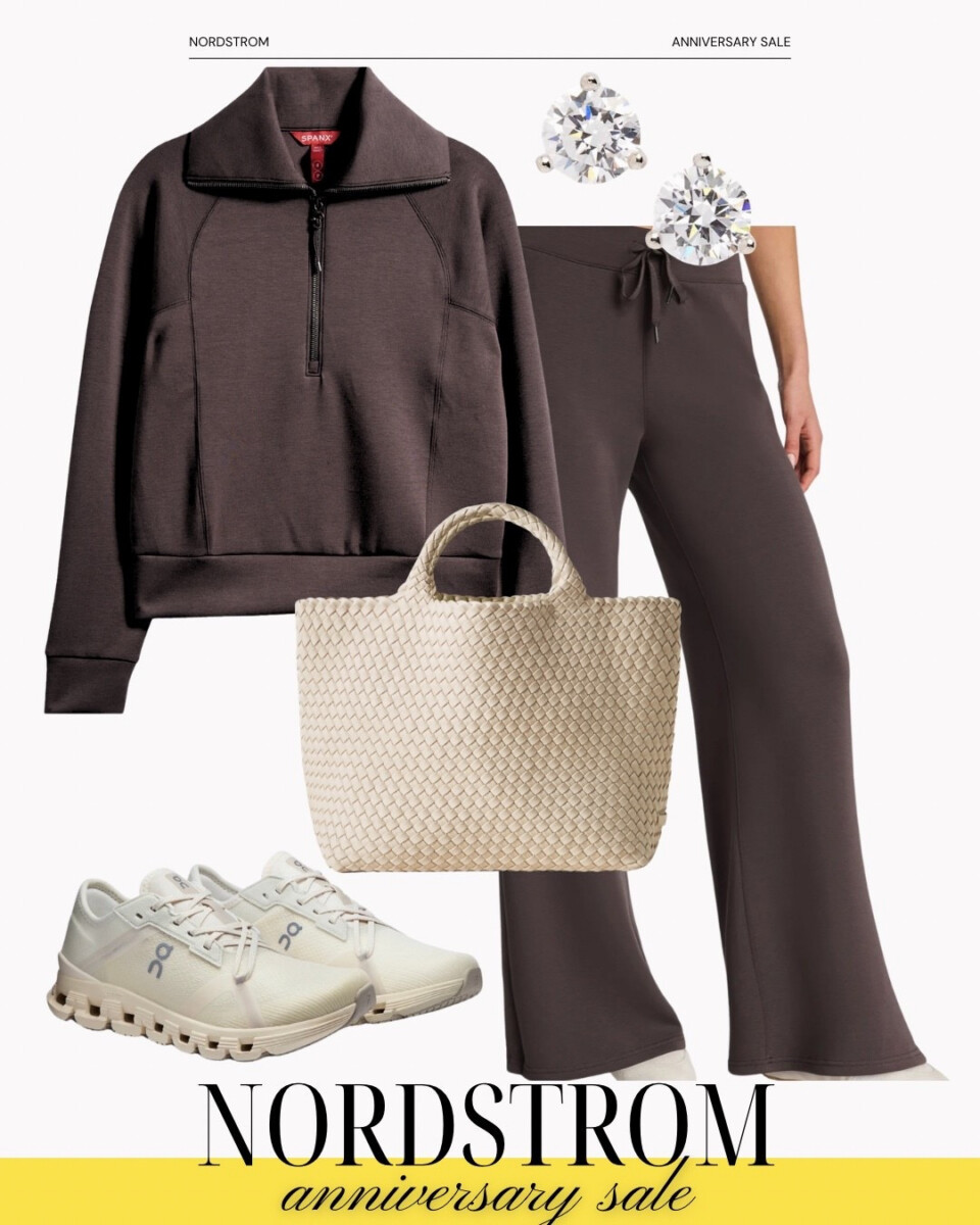 Nordstrom Anniversary Sale activewear featuring a brown SPANX half zip sweatshirt, matching wide leg pants, white sneakers, woven tote, and diamond stud earrings.