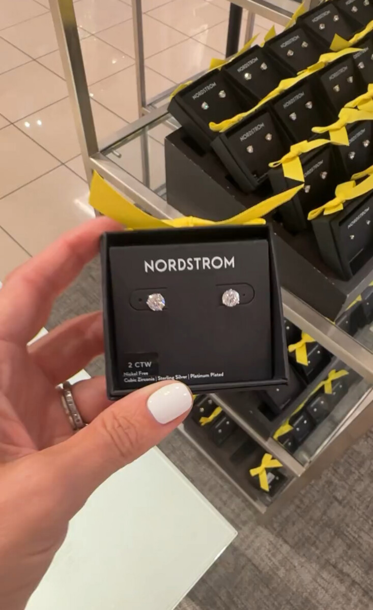 Nordstrom cubic zirconia diamond stud earrings displayed in a gift box during the Nordstrom Anniversary Sale.
